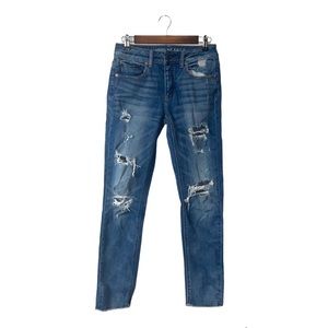 American Eagle Tomgirl Distressed Jeans High Rise Straight Leg Distress Size 0